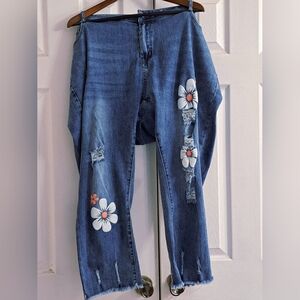 Distressed Blue Boyfriend Ankle Length Stretch Jeans with Floral Decals